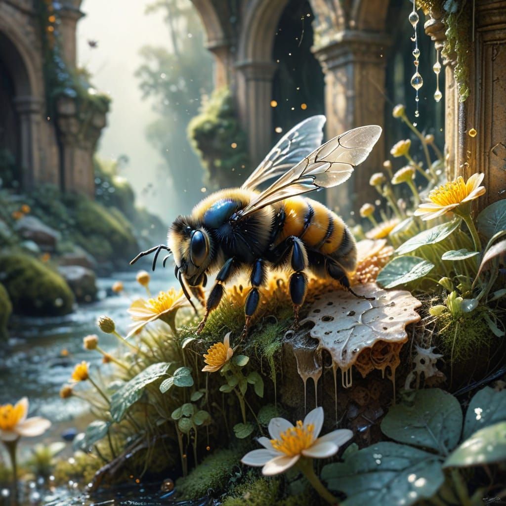 Sleepy Bumblebee Rests in Castle Ruins as Watercolor