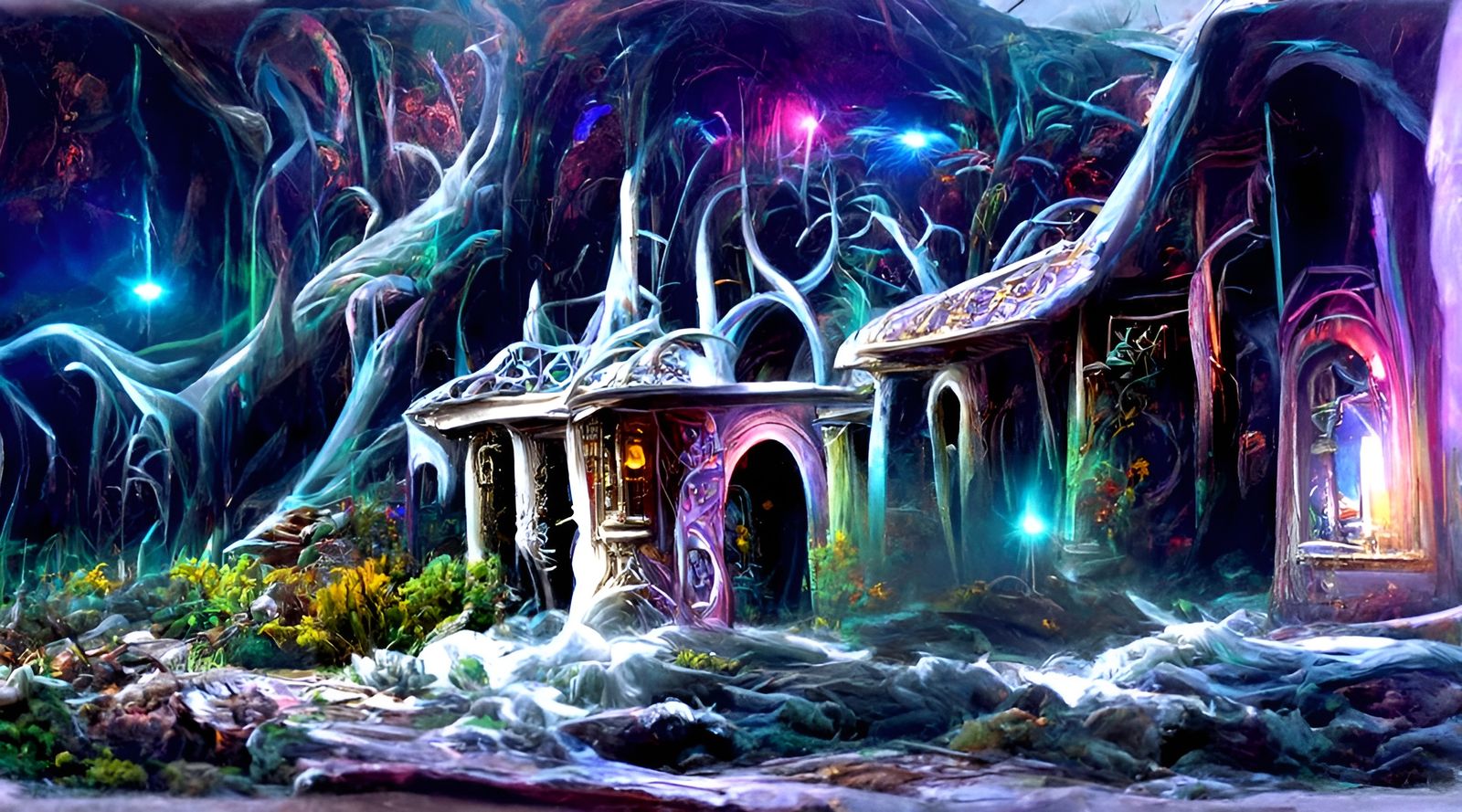 Neon Fantasy Tavern with Cyberpunk Holograms