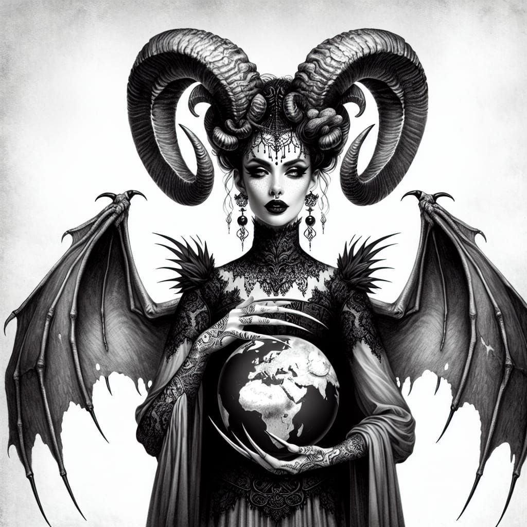 Gothic Surrealist Drawing of Middle-Eastern Ram Horned Woman