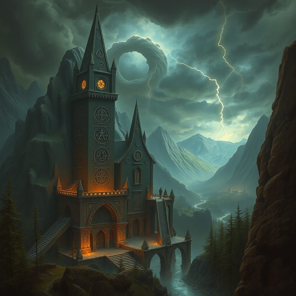 Fantasy City with Magic Runes and Stormy Sky