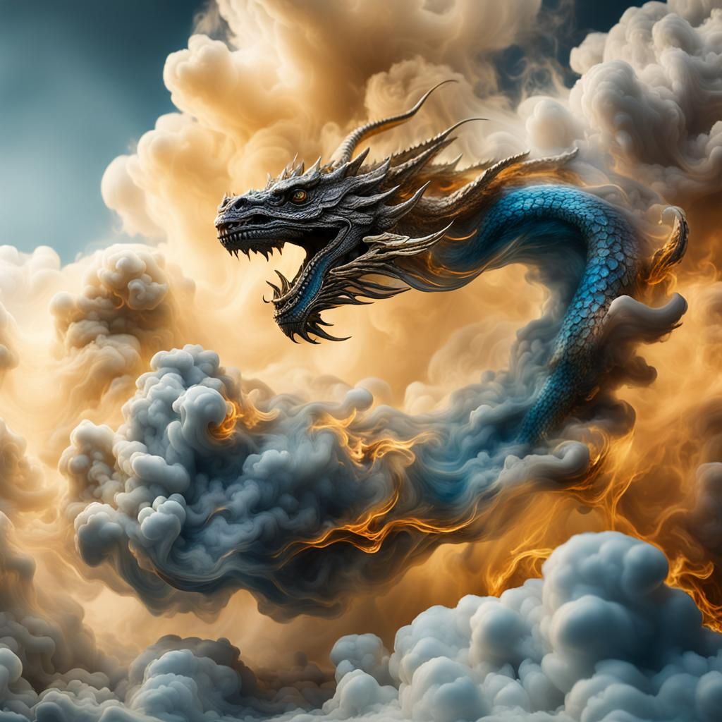 Dragon in Smoky Gold and Blue: Ultra-Realistic Photo