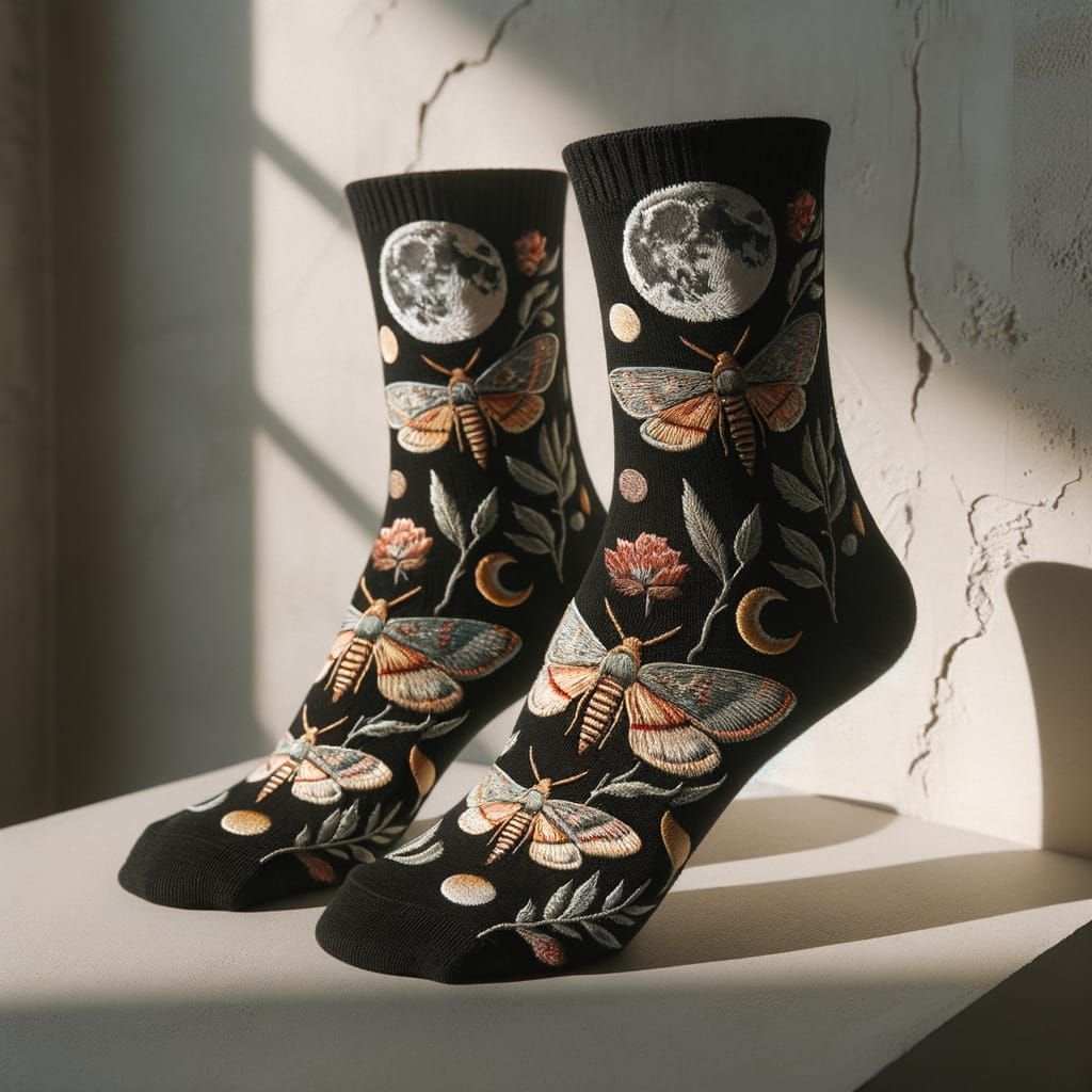Embroidered Socks with Luminous Moth Design