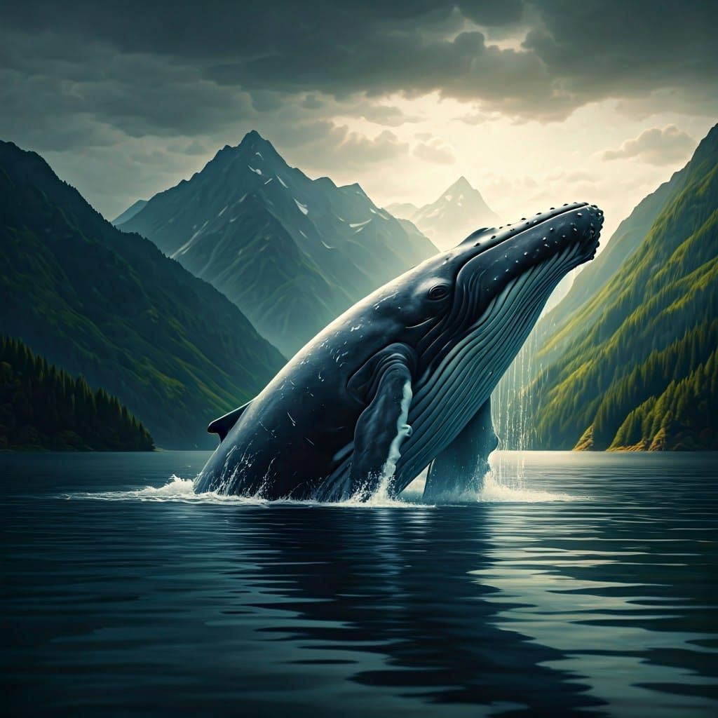 Hyperrealistic Whale Breaching Serene Lake