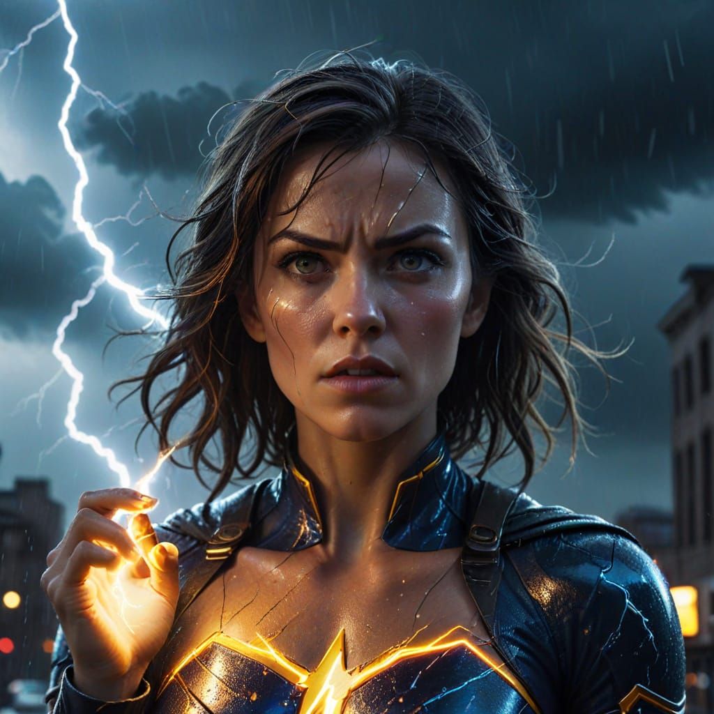 Electric Superhero Woman Unleashes Lightning in Stormy City