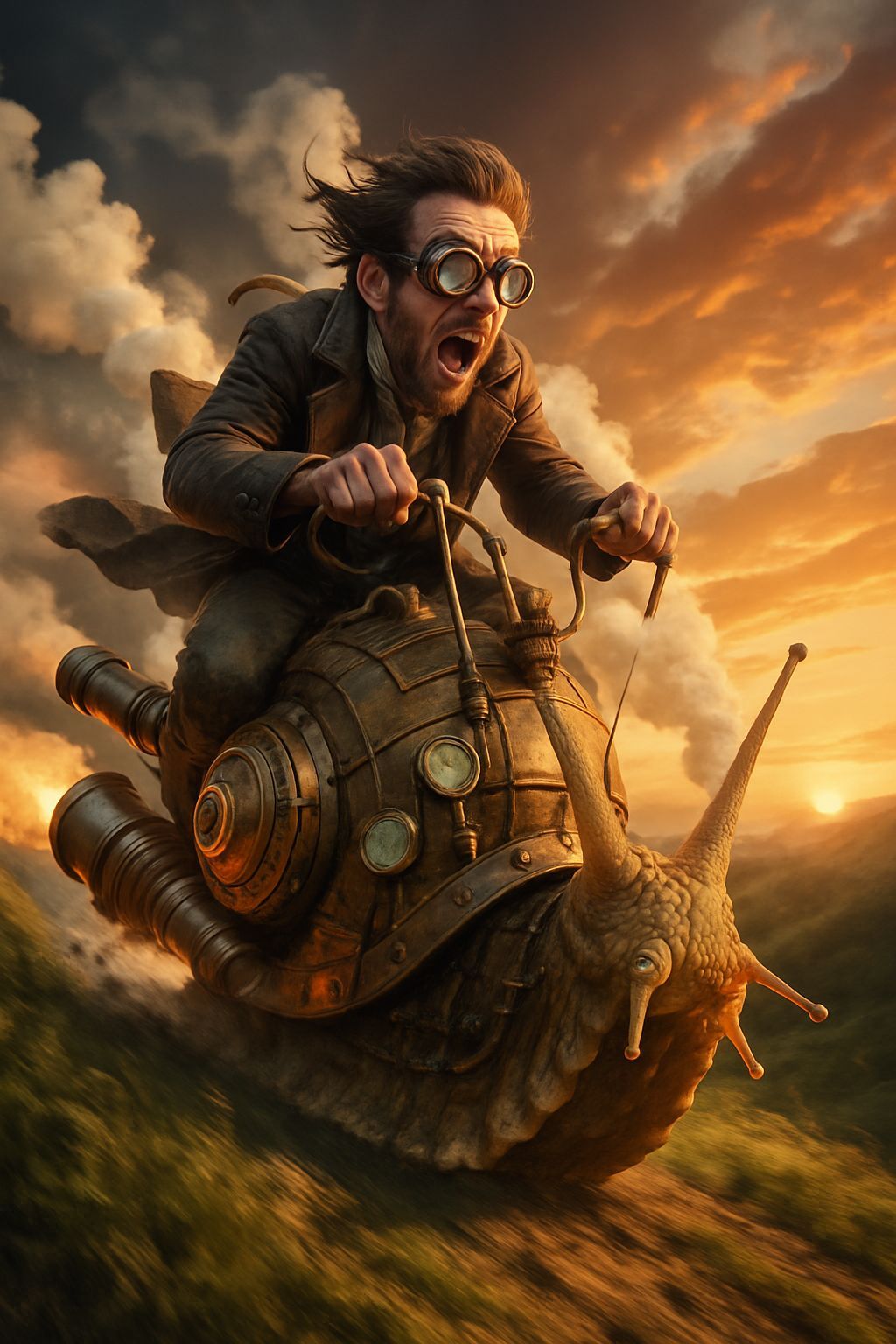Steampunk Snail Rider Hurtles Downhill at Sunset