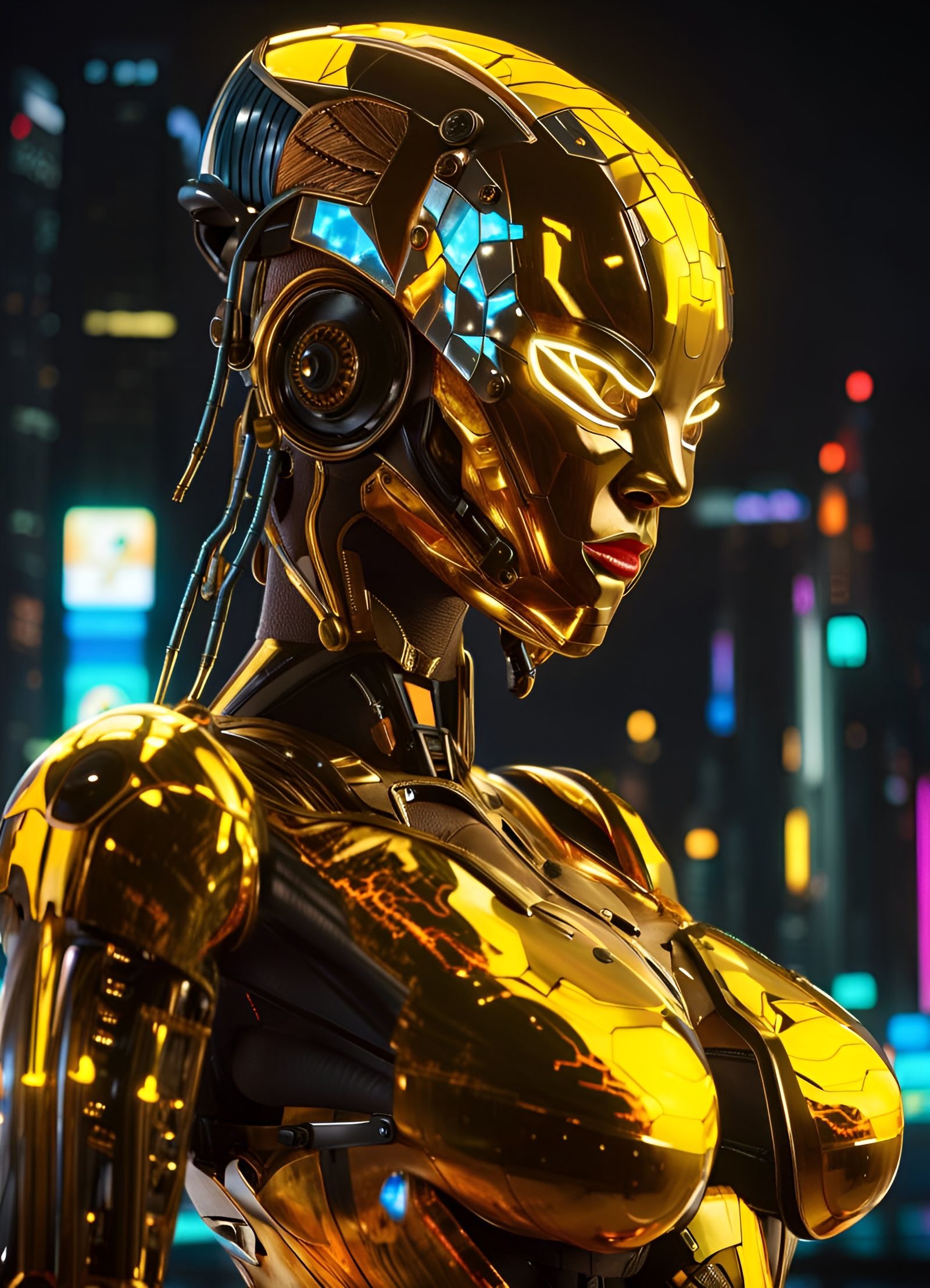 Golden Cyberpunk Robot in Night City