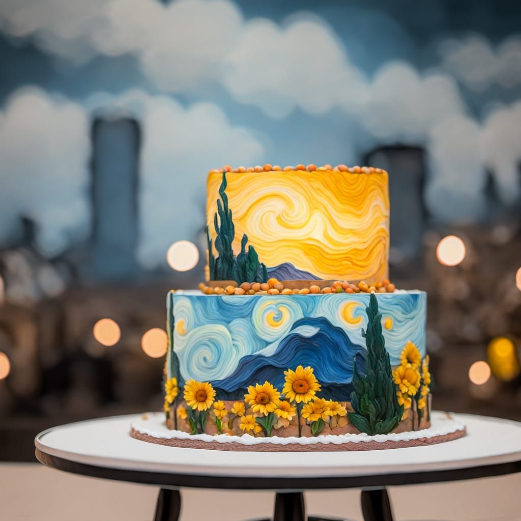 Vincent van Gogh-Inspired Cake in a Bustling City Cafe