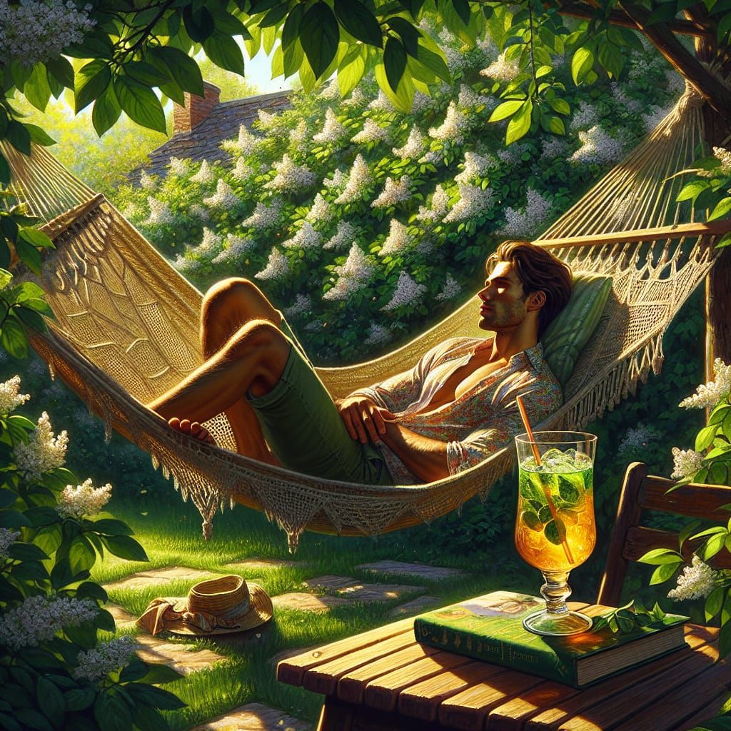 Man Relaxing in Hammock in Summer Garden