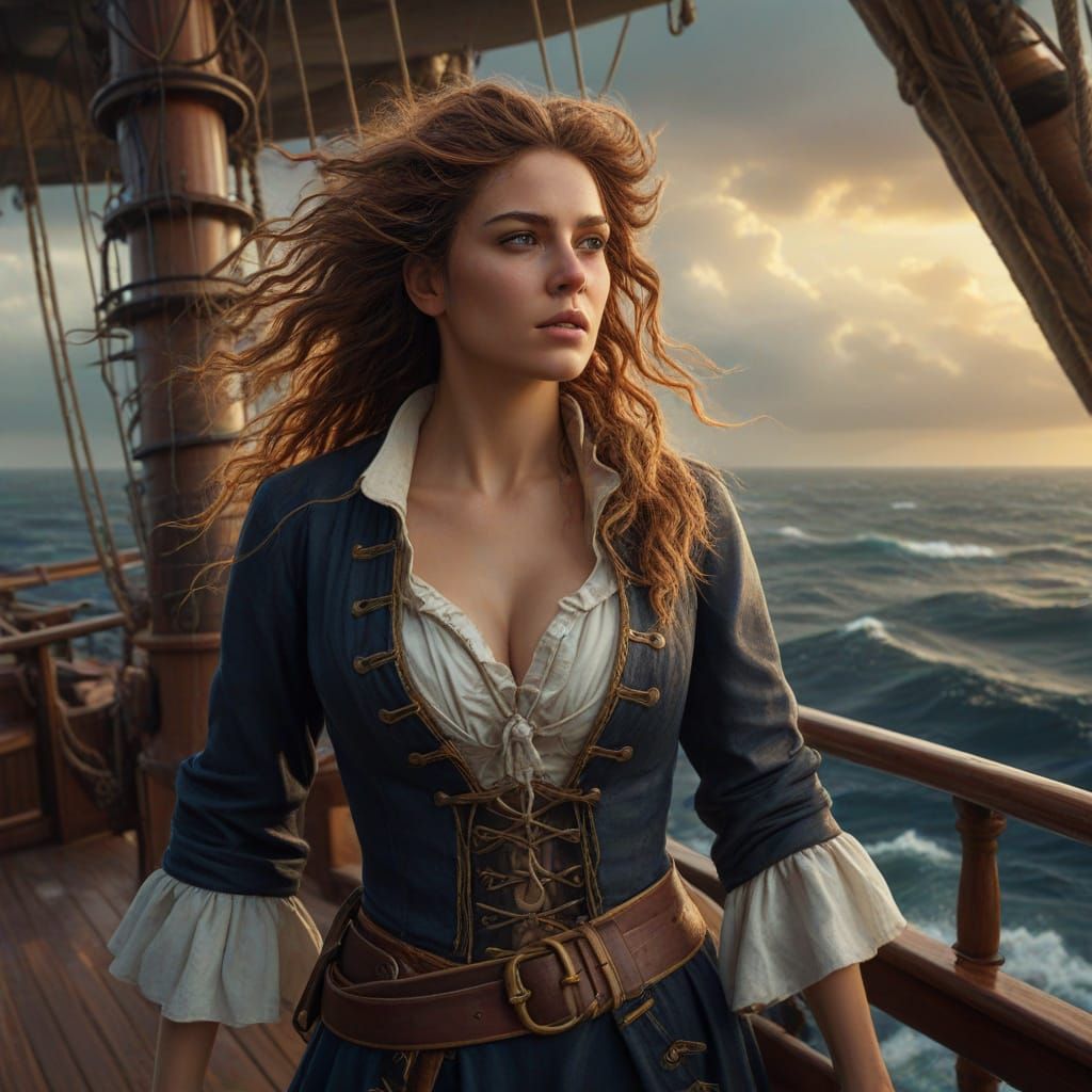 Pirate Captain on Ship Deck in Stormy Seas