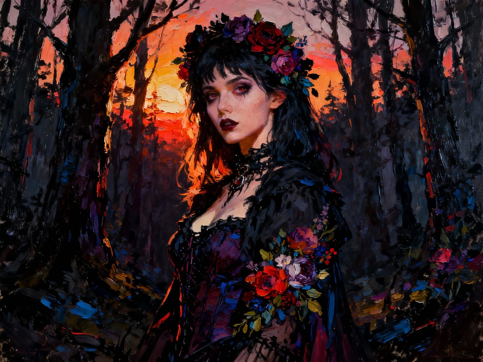 Gothic Woman in Dark Forest Impasto Pop Art Sunset
