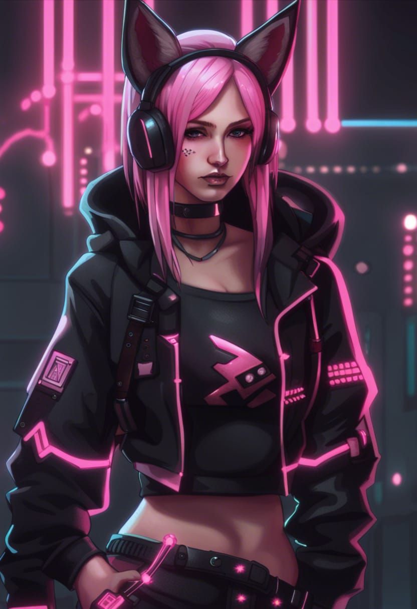 Cyberpunk Girls with Fox Ears and Pink Accents