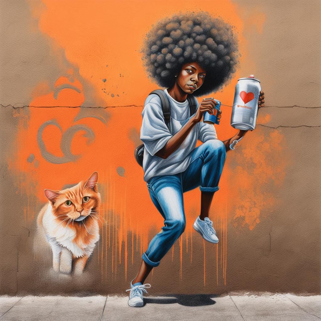 Afro-Brazilian Graffiti Artist Drawing an Orange Cat