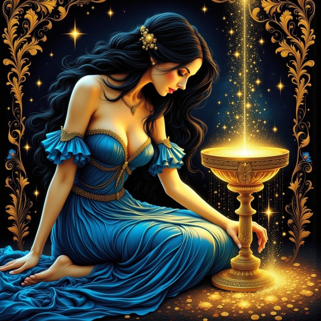 Woman with Glowing Chalice Under Starry Sky