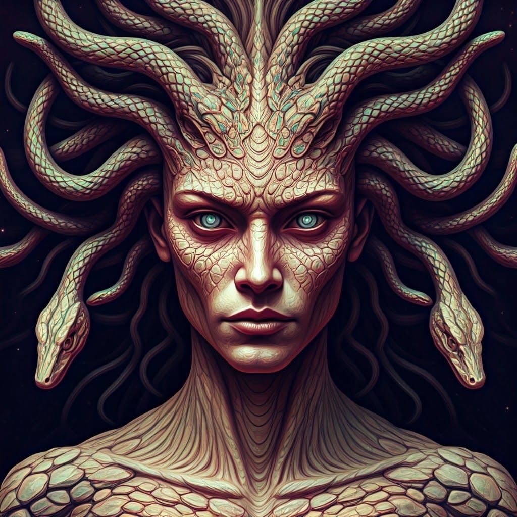 Iridescent Gorgon with Cosmic Mandala Patterns
