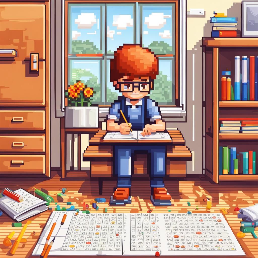 Pixel Art: Schoolboy Learning Math at Home