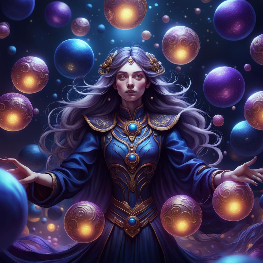 Mystical Woman Surrounded by Glowing Orbs