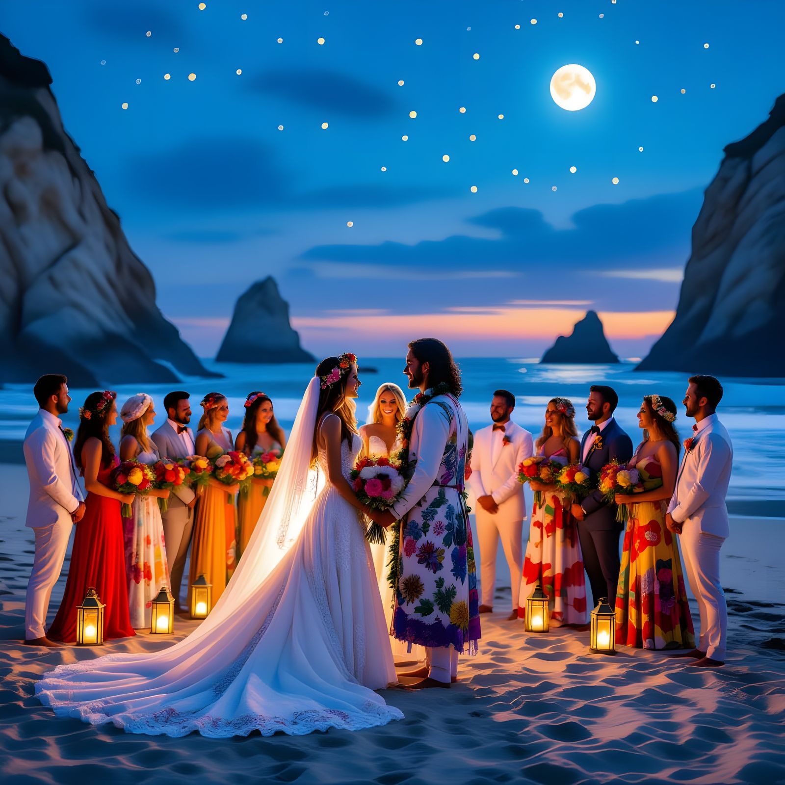 Hippie Wedding Party on California Beach at Night