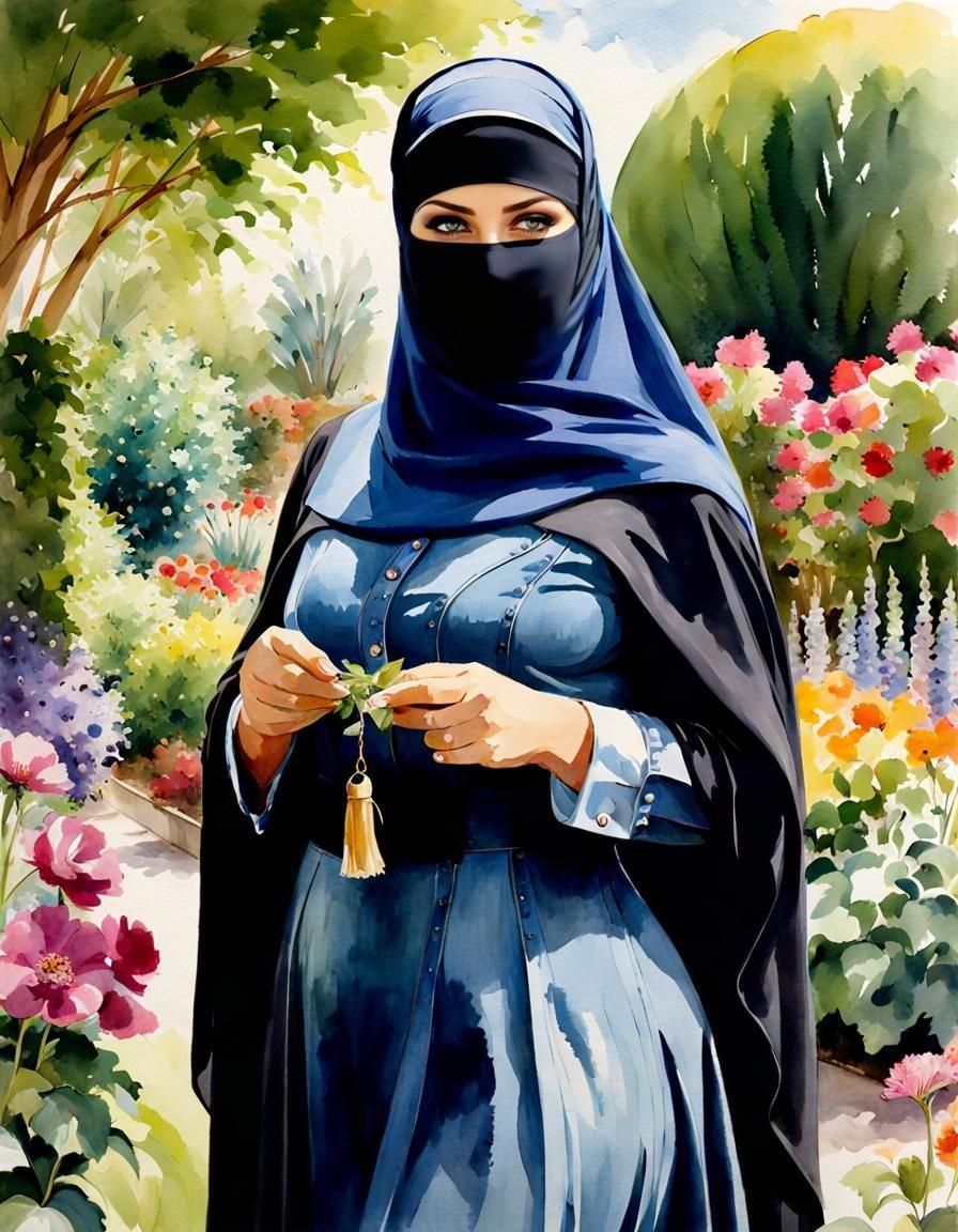 Watercolor Portrait of a Niqabi Teacher in Garden