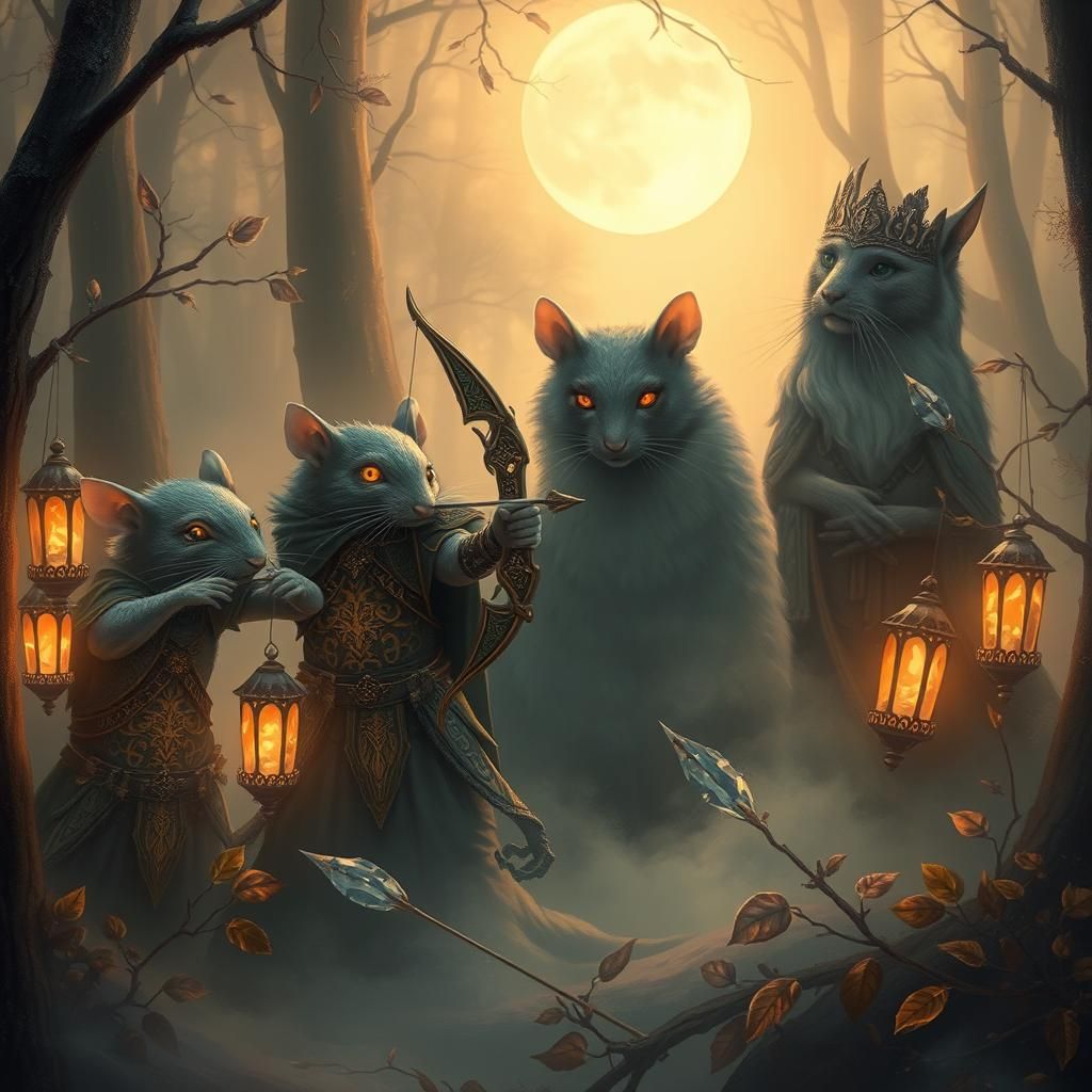 Mythical Rats and Cat in Mist-Shrouded Forest
