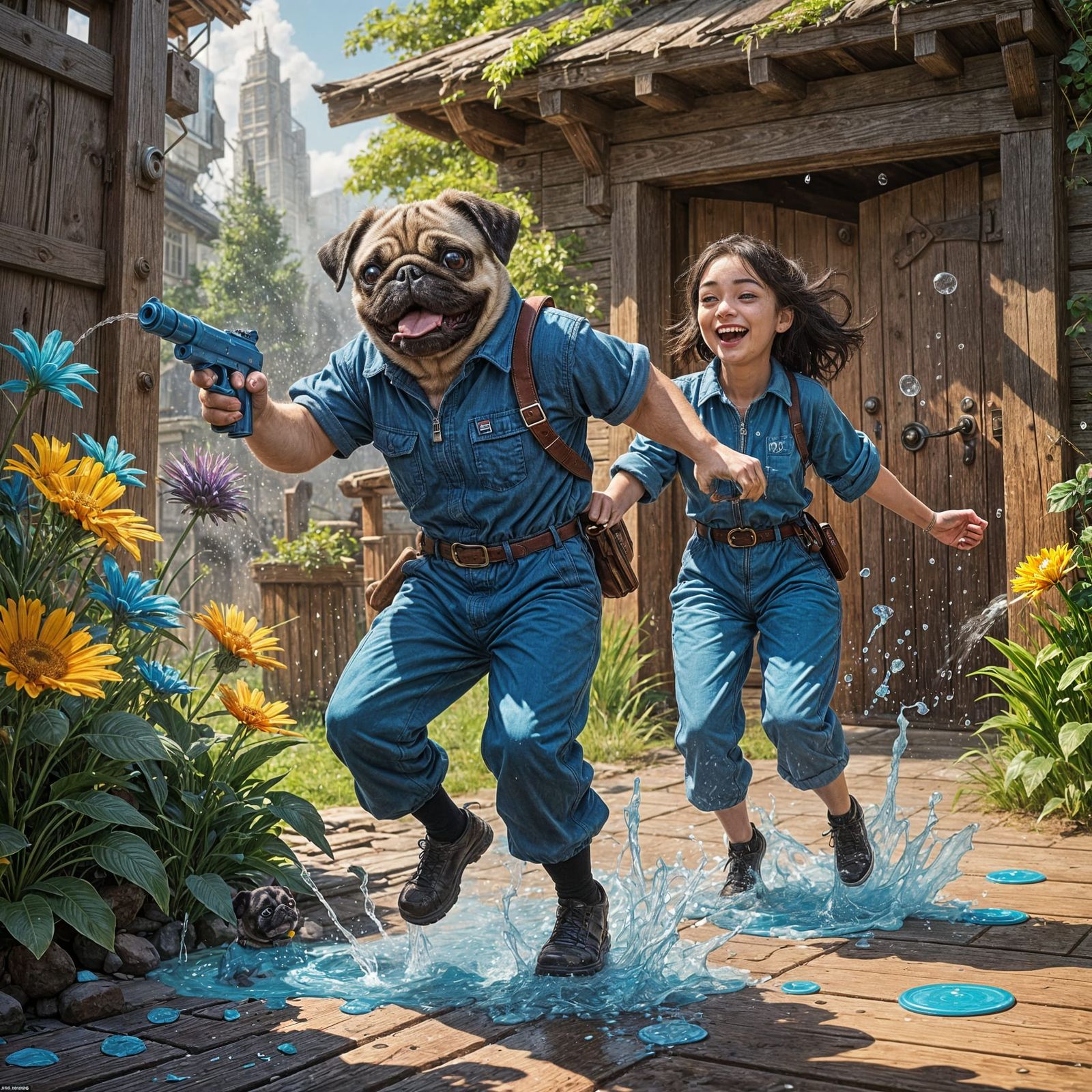 Joyful Couple Battles with Water Pistols in Vibrant Pixar St...
