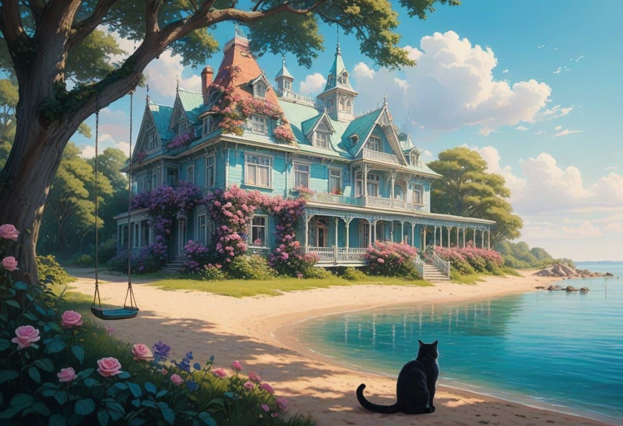 Cat Contemplates a Whimsical Victorian Mansion Overgrown wit...