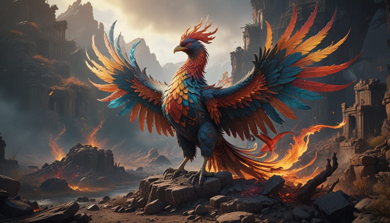 Ancient Multi-Coloured Phoenix Rises from Desecrated Landsca...
