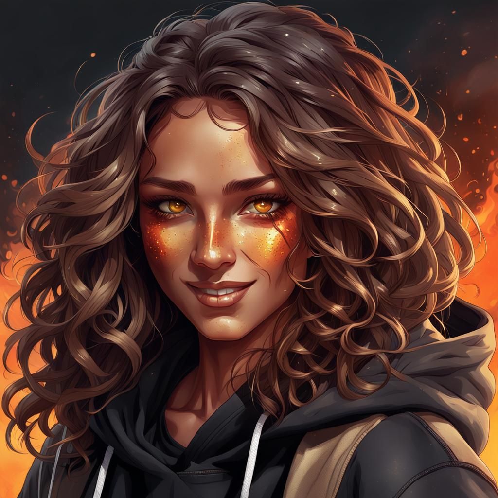 Teen Girl Portrait with Fiery Eyes, Hyperdetailed Art