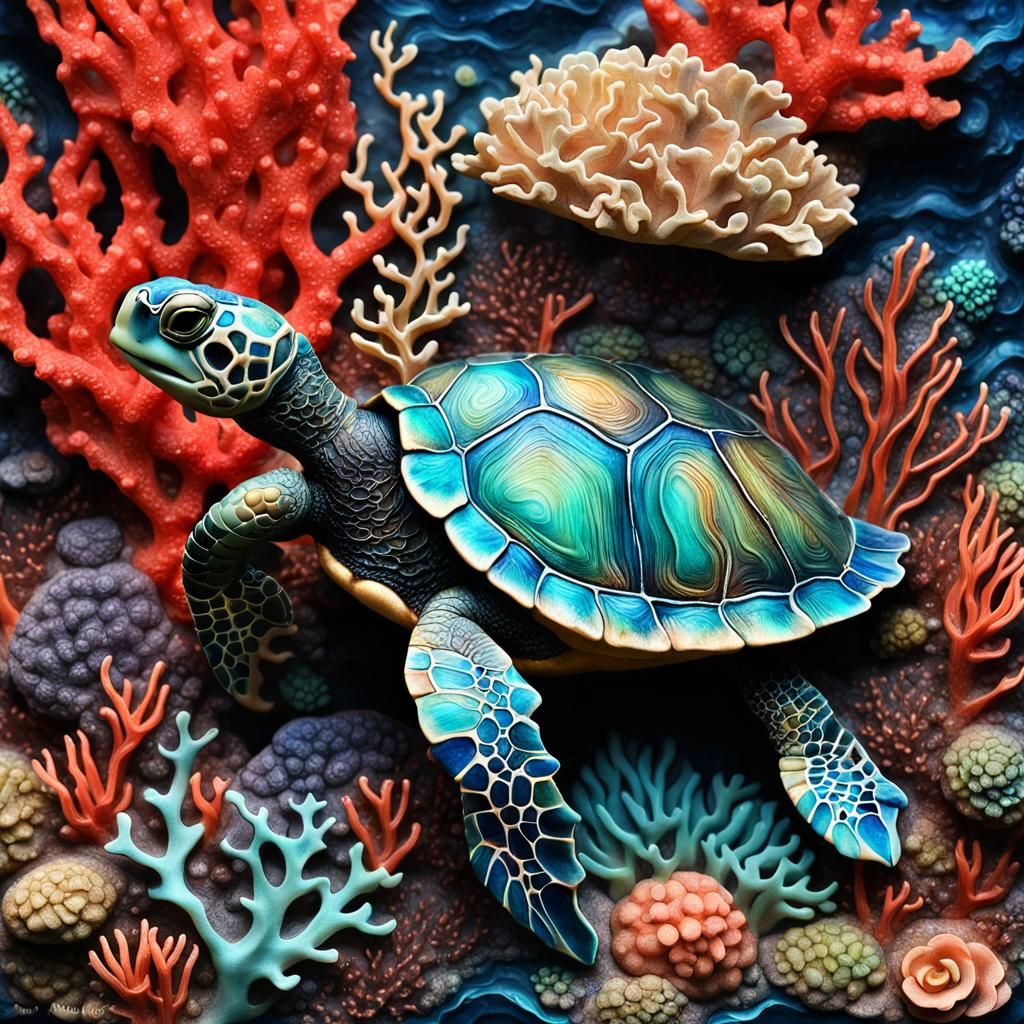 Turtle in Coral Reef as Alcohol Ink Art