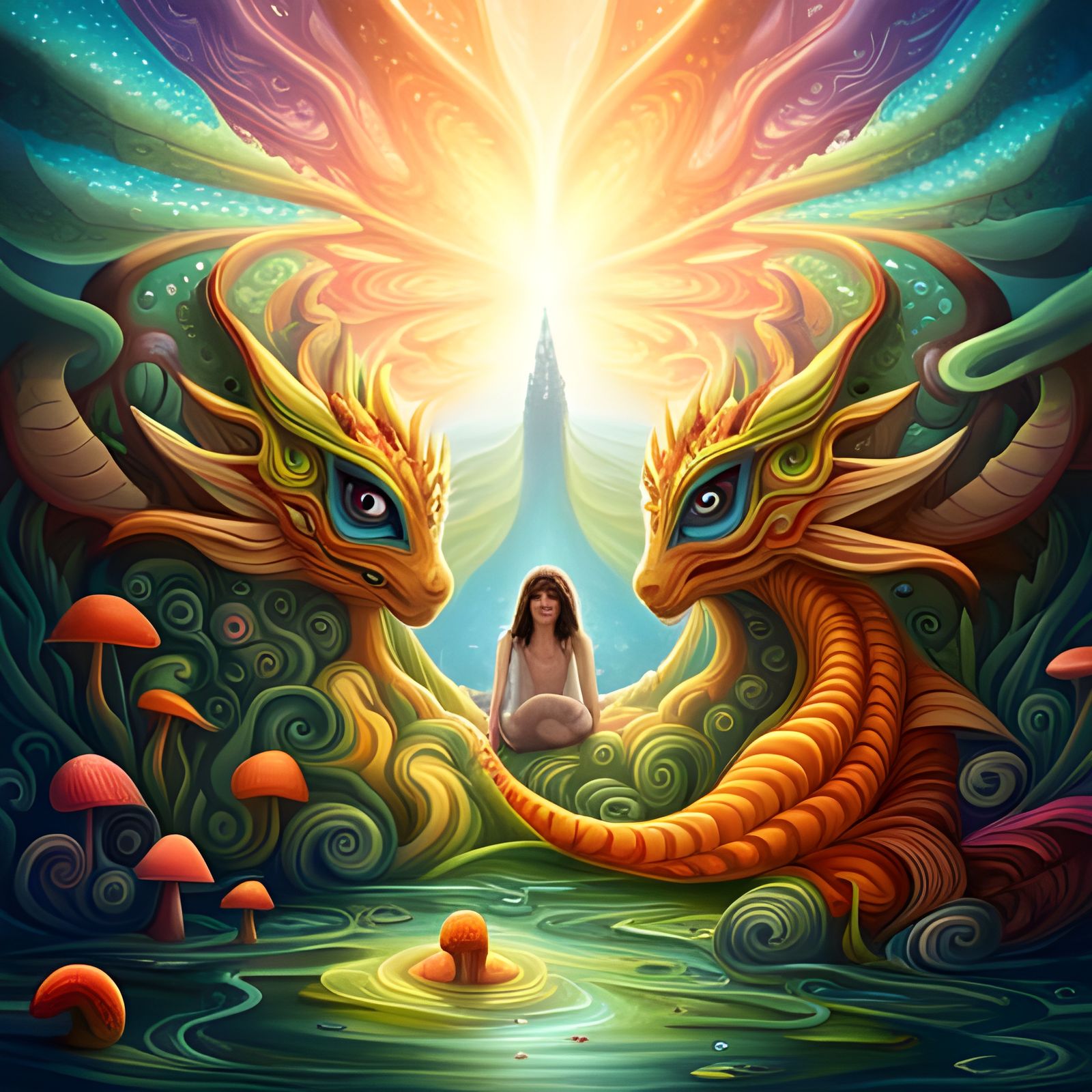 Rainbow Baby Dragon in Flower Forest Pool