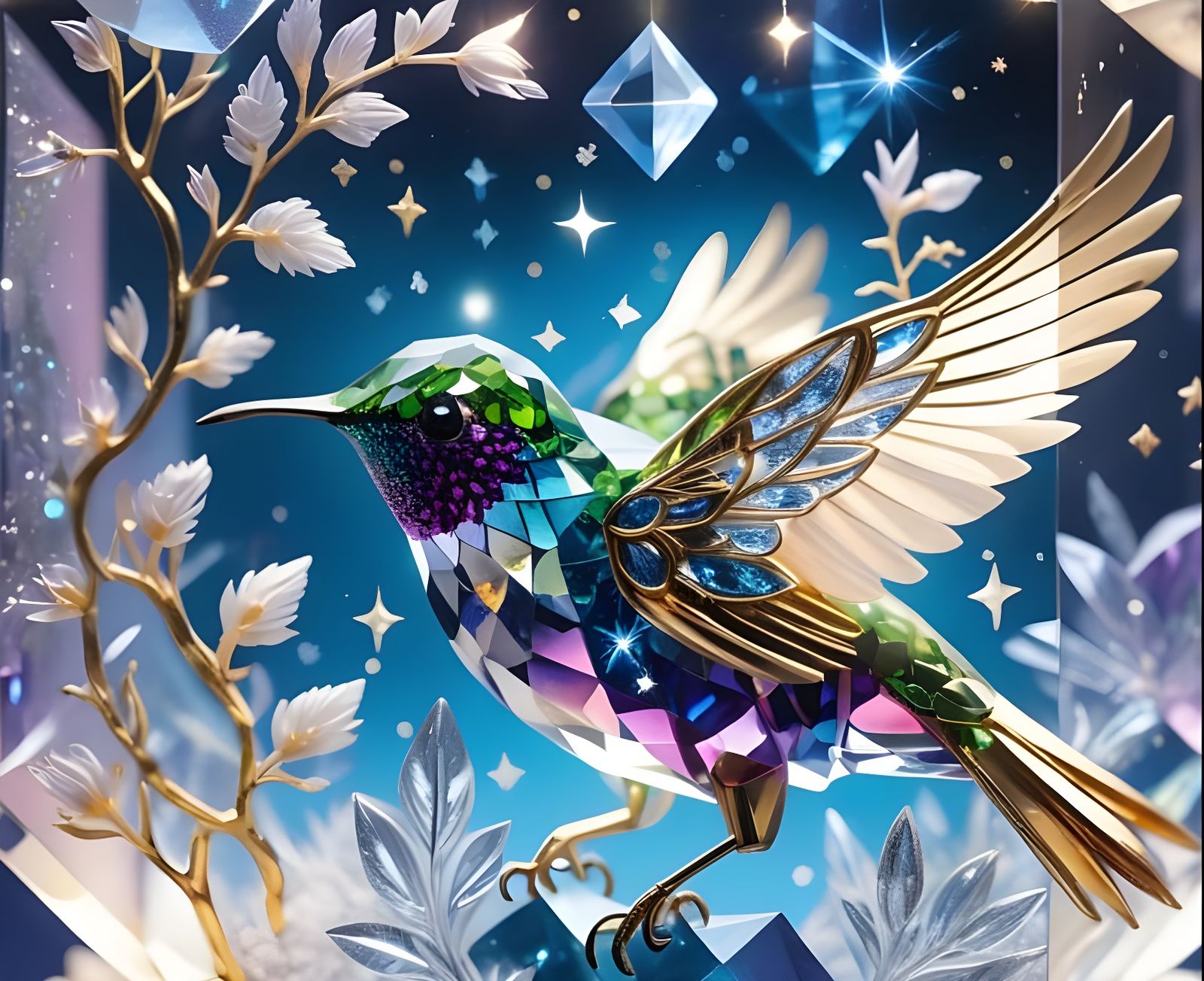 Crystal Hummingbird in Cube with Fireflies