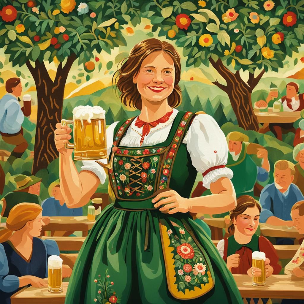 Bavarian Woman in Folk Art Style with Beer
