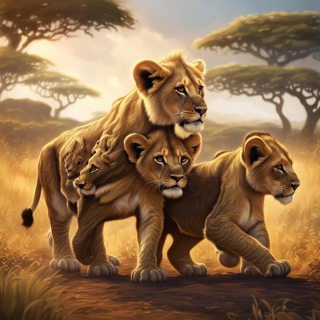 Lion Cubs Tumbling in Savanna: Fantasy Concept Art