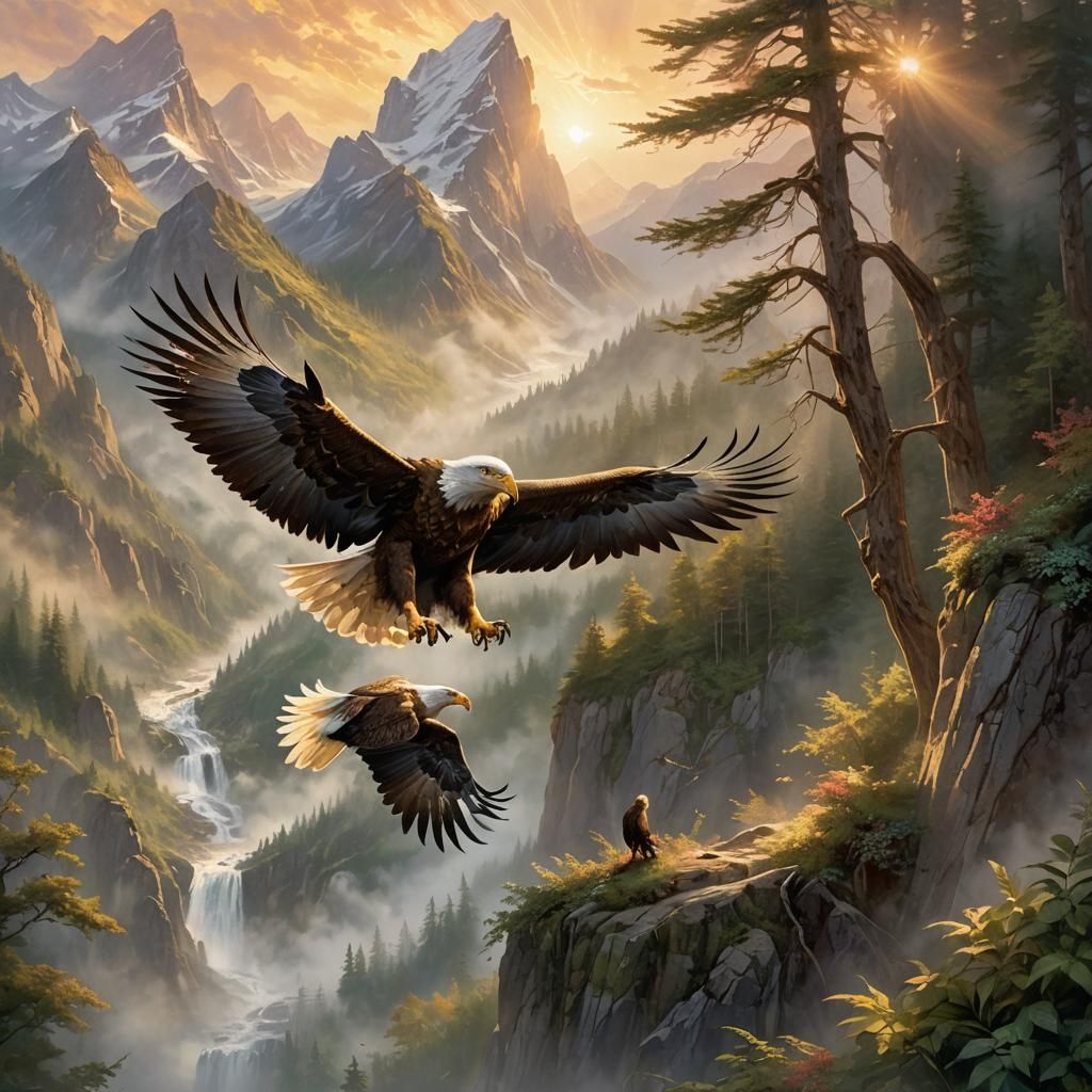 Ethereal Eagle and Eaglet Soaring in Misty Mountains