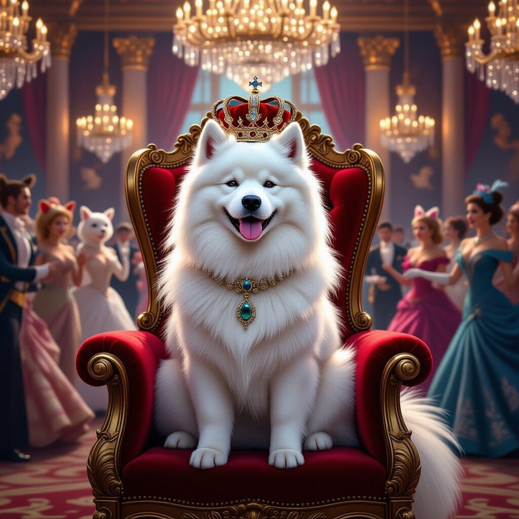 Regal Samoyed Dog on Throne in Grand Ballroom