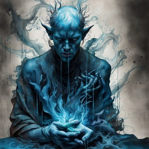 Monks Praying with Blue Fire: Inkblot Oil Painting