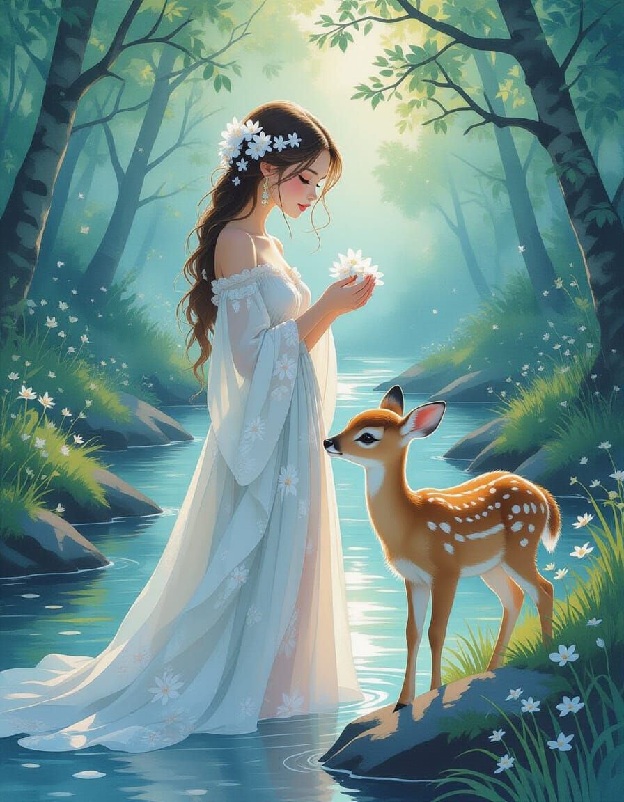 Floral Woman and Fawn in Watercolor Style