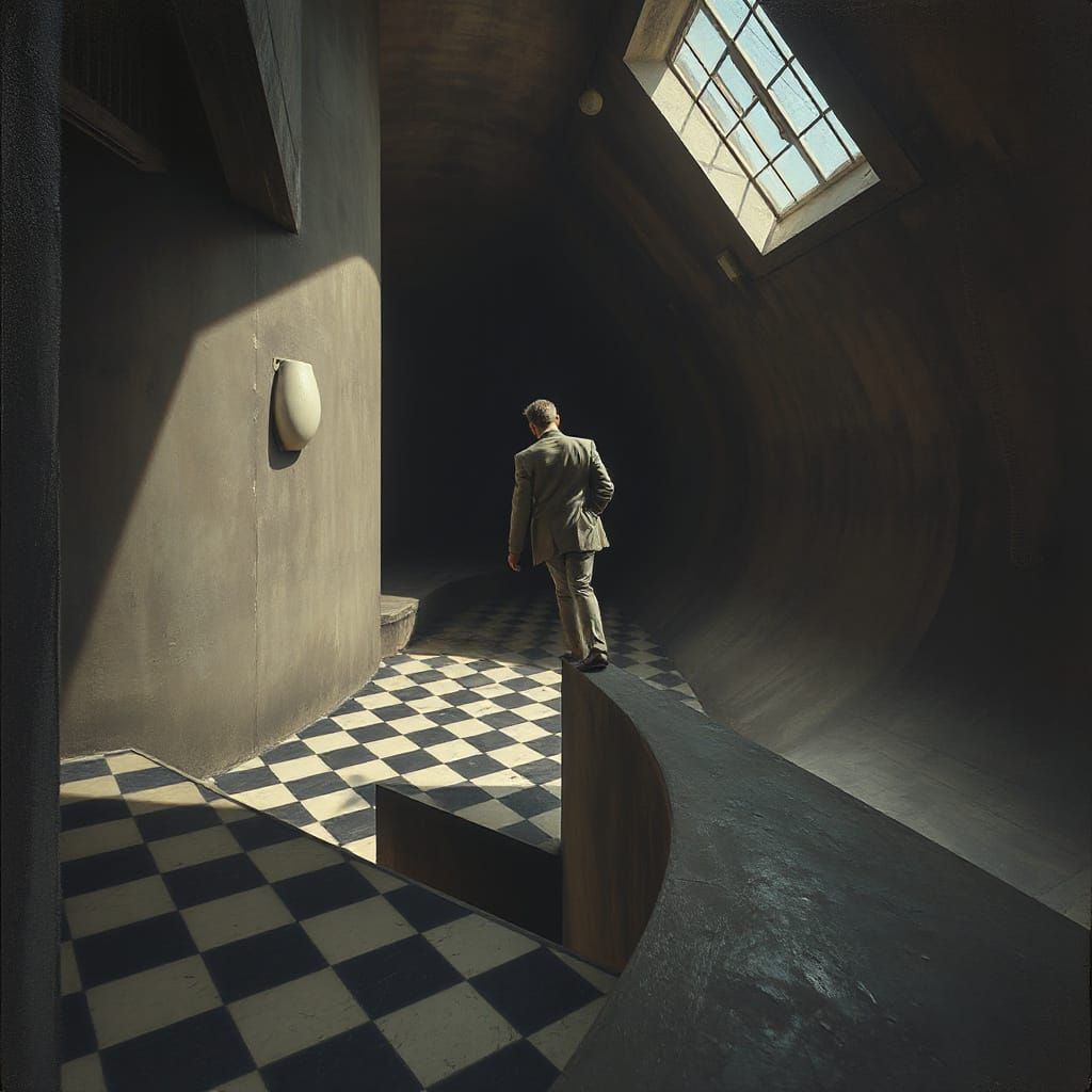 Man at the Edge: Escher-Inspired Surreal Oil Painting