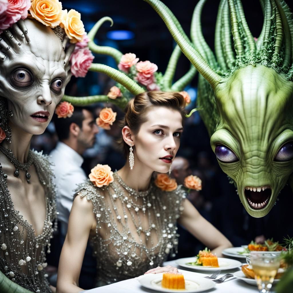 Surreal Restaurant Scene with Aliens and Humans