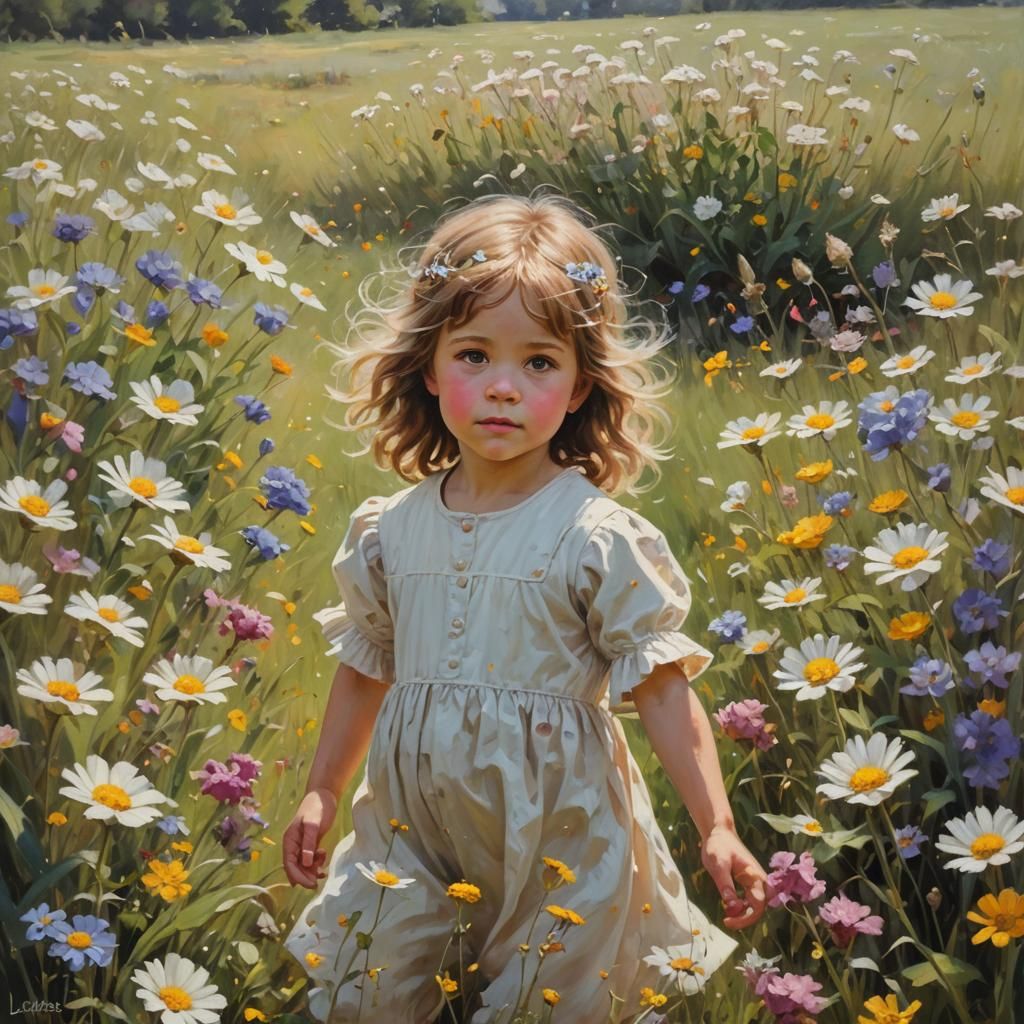 Angelic Child in Flower Field, Oil Painting
