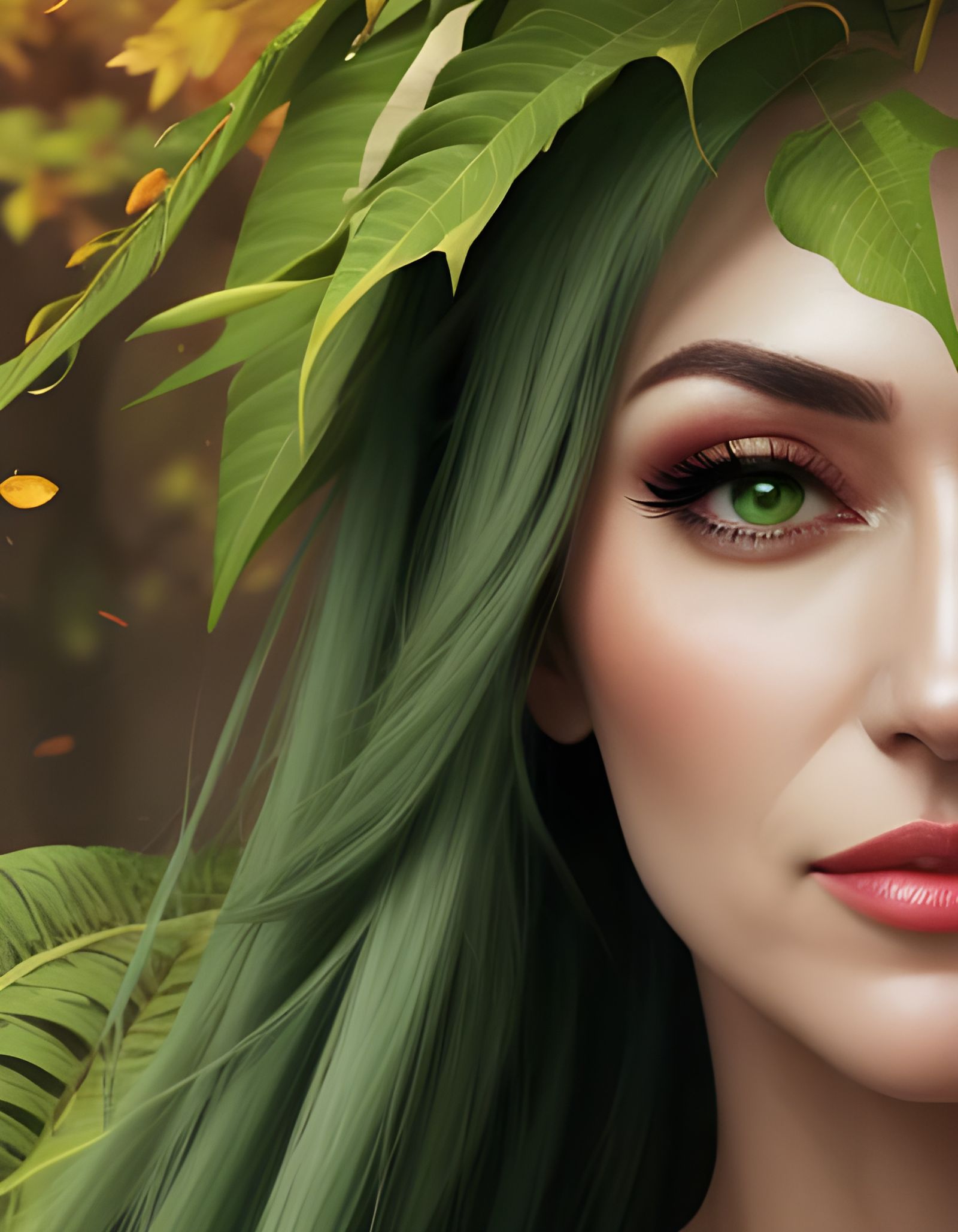 Woman's Face Impression in Green Leaf Art