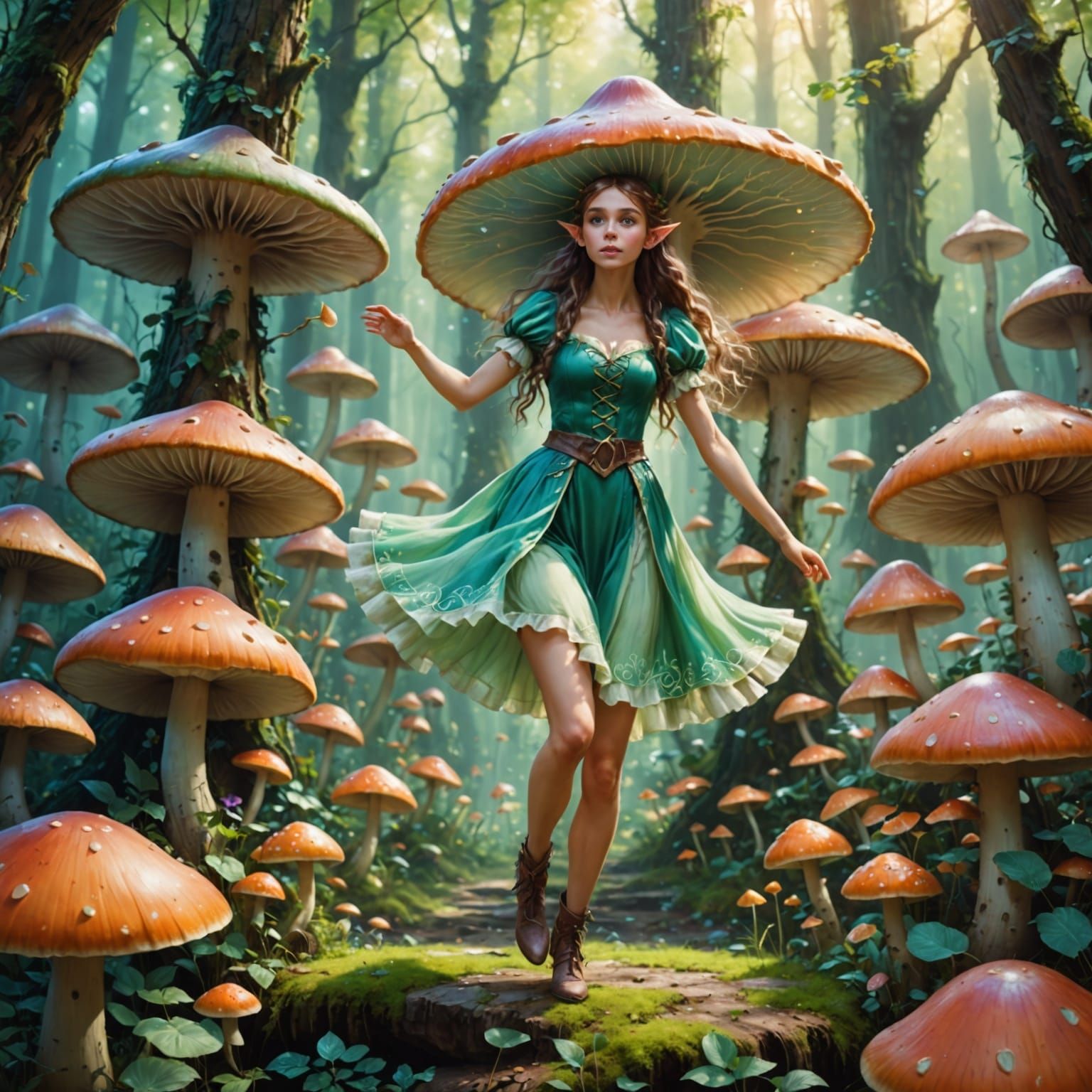 Elf Girl Dancing in Pastel Mushroom Forest
