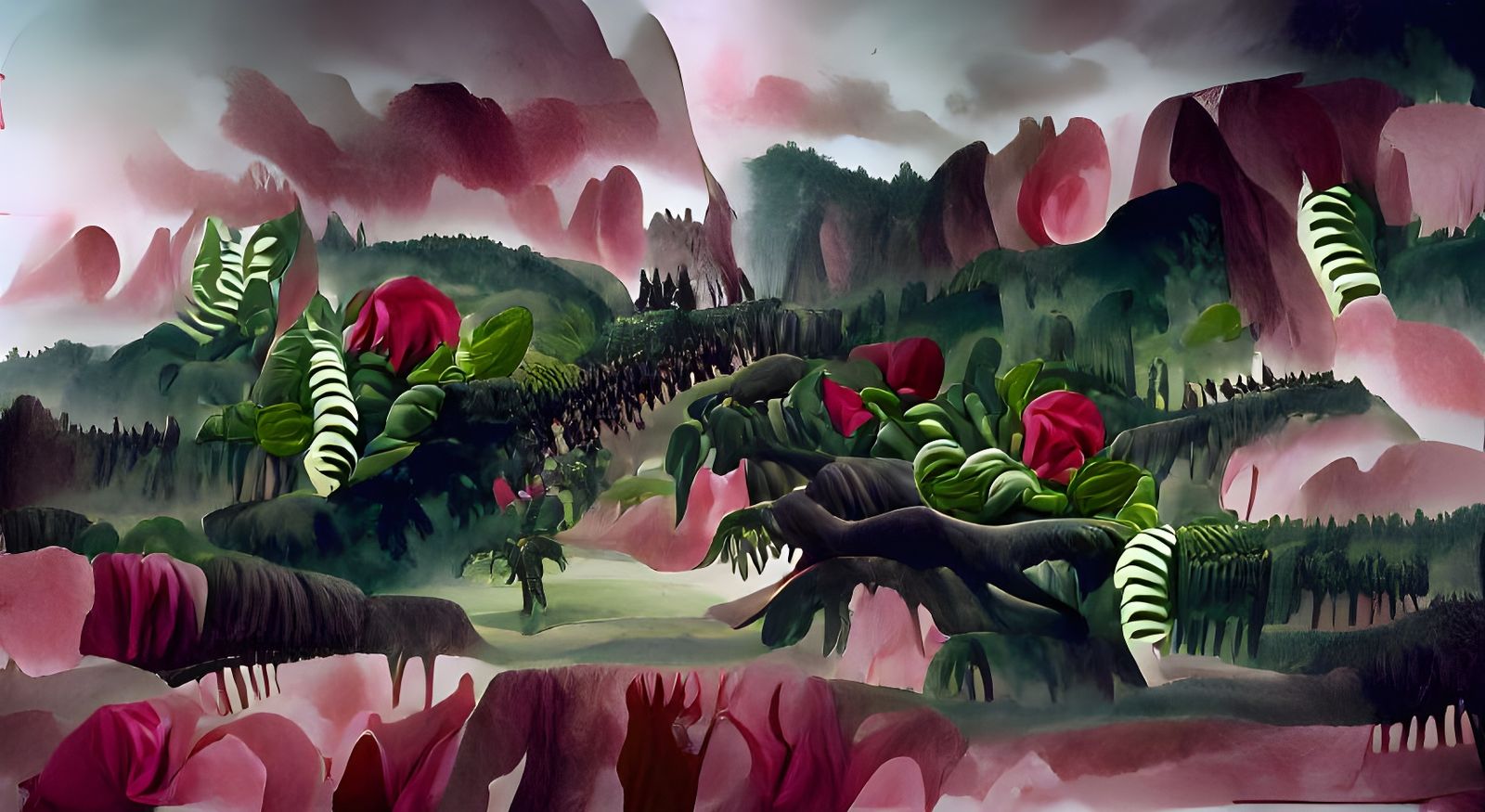 Magical Rose Forest: A Fantasy Gouache Painting
