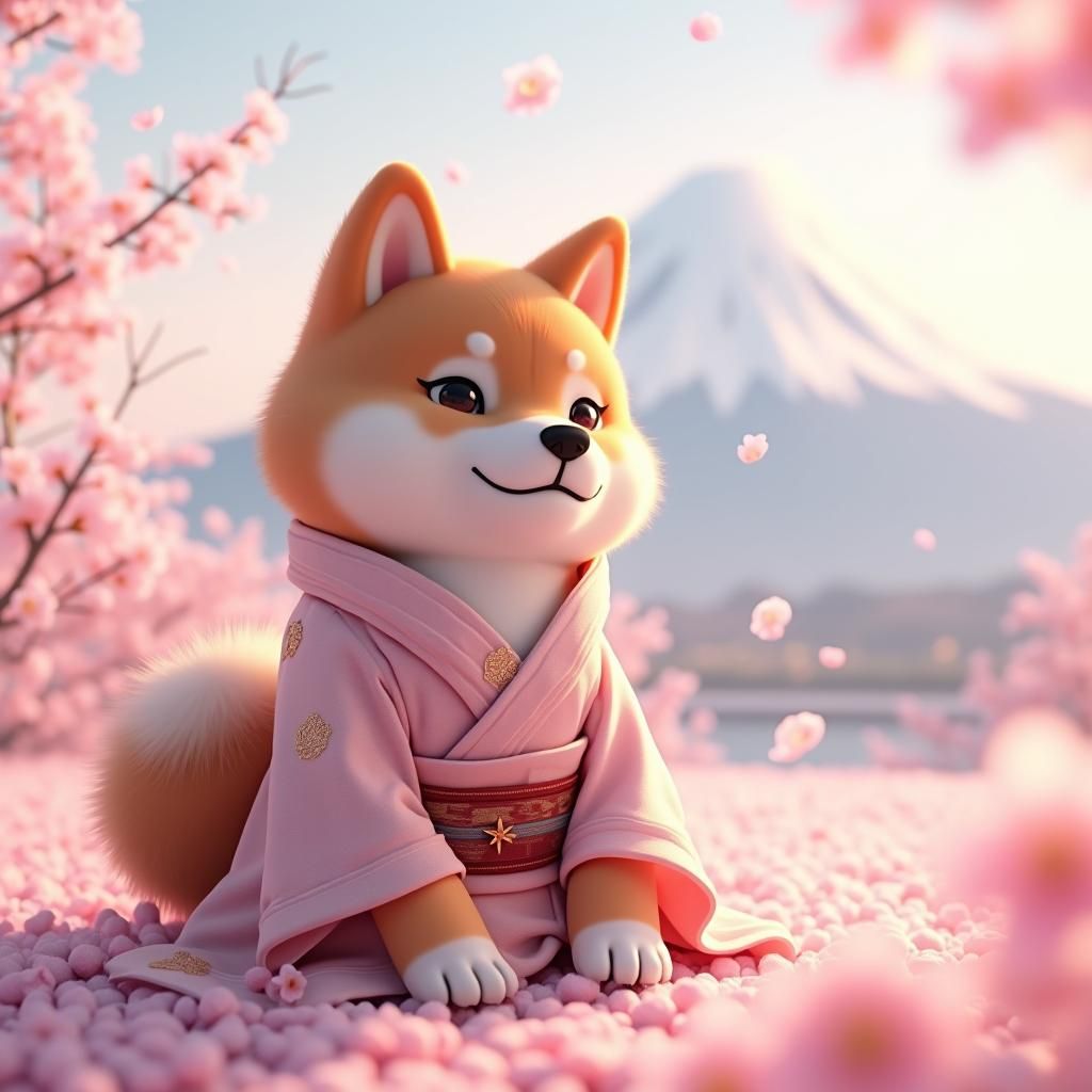 Shiba Inu in Kimono with Cherry Blossoms and Fuji