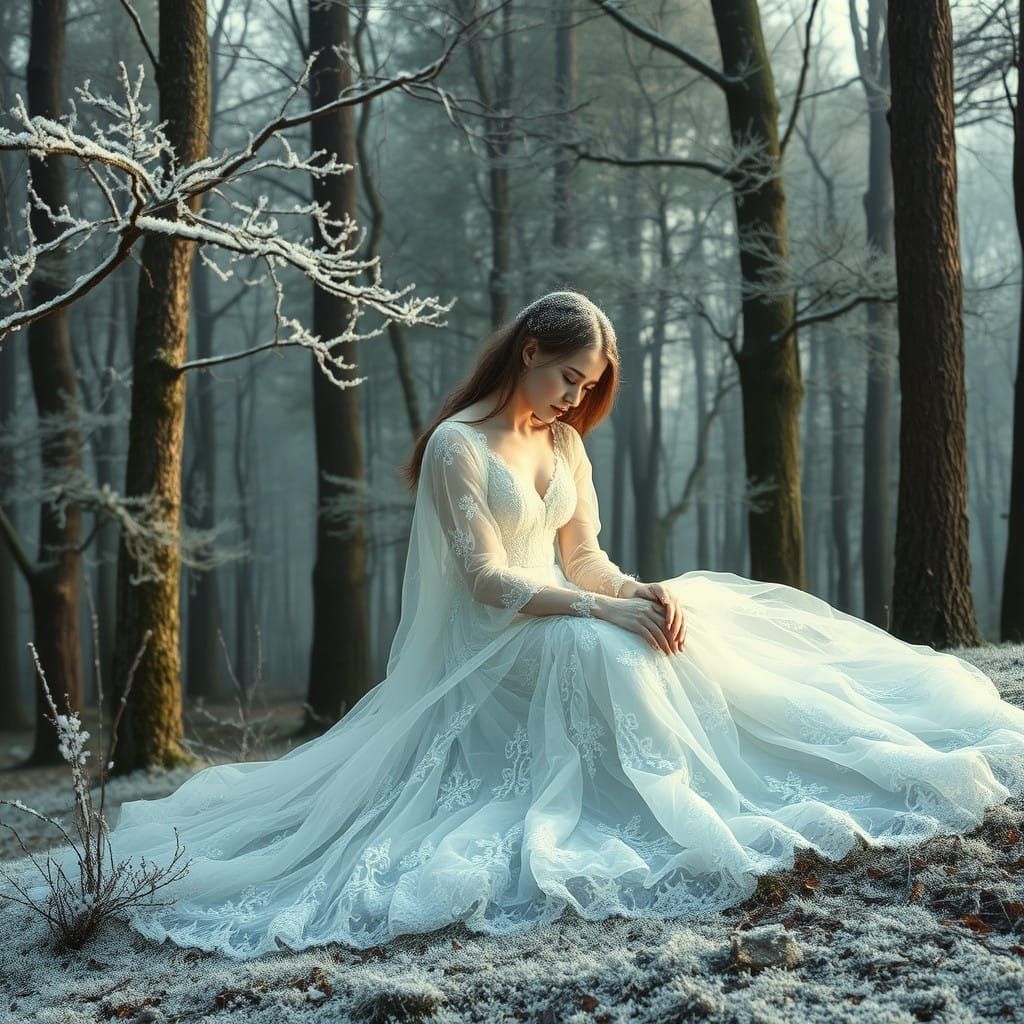 Ethereal Woman Kissed by Winter's Chill in a Frosty Forest