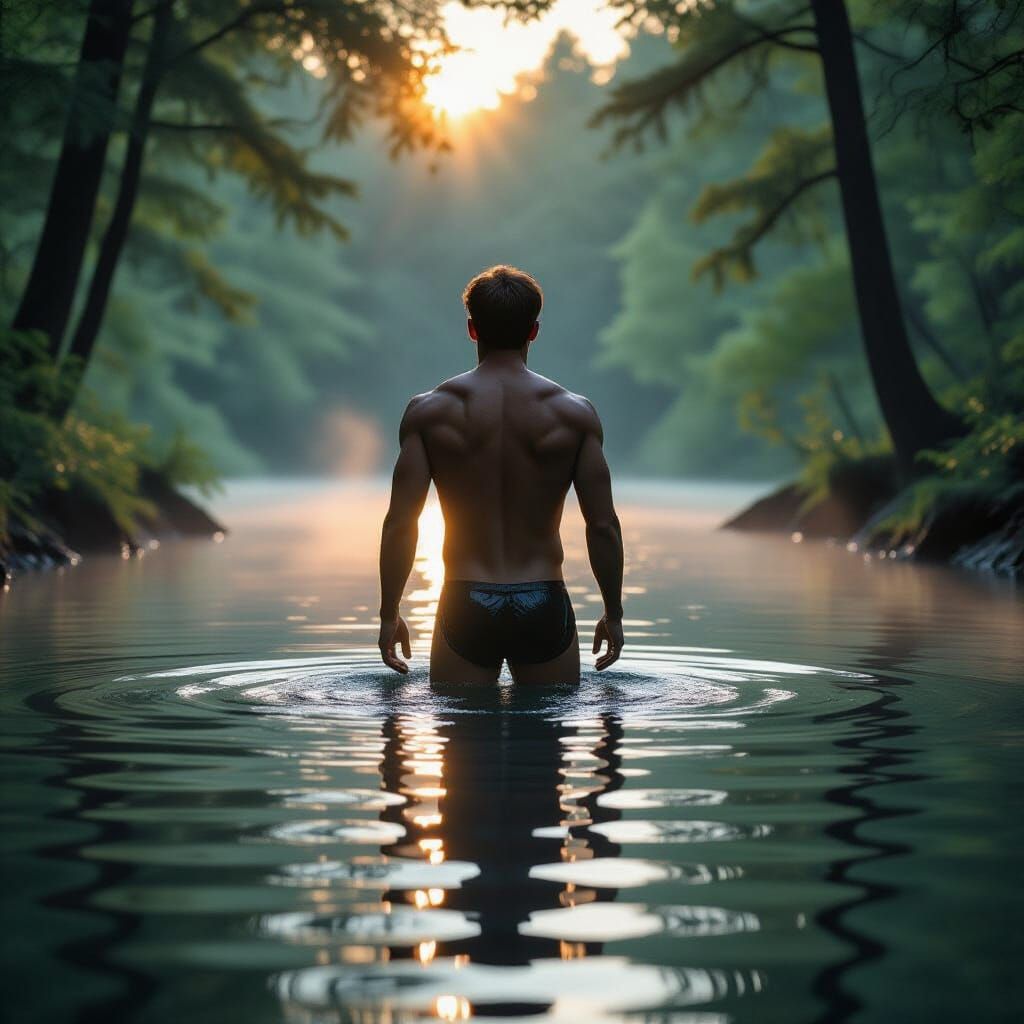 Water Man Emerges from Lake at Dawn