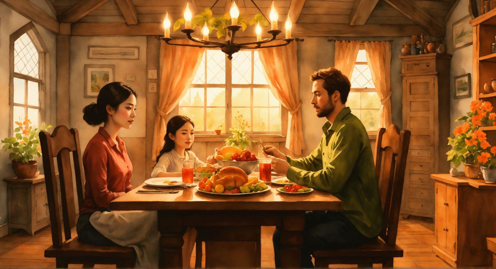 Thanksgiving Family in Watercolor Cottage Illustration