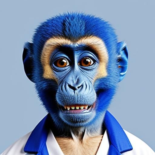 Cartoon Blue Monkey with Sharp Teeth in Lab Coat