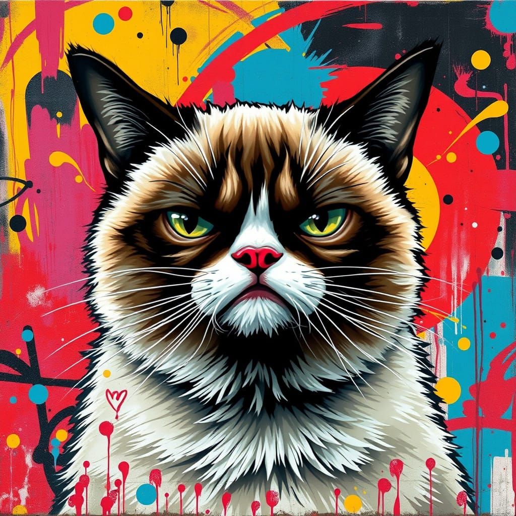 Grumpy Cat in Vibrant Graffiti Street Art