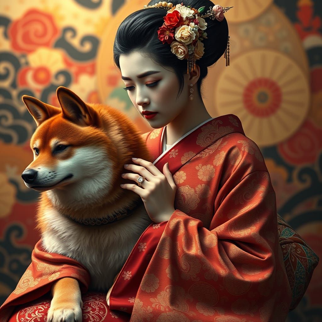 Elegant Geisha with Shiba Inu in Traditional Japanese Splend...