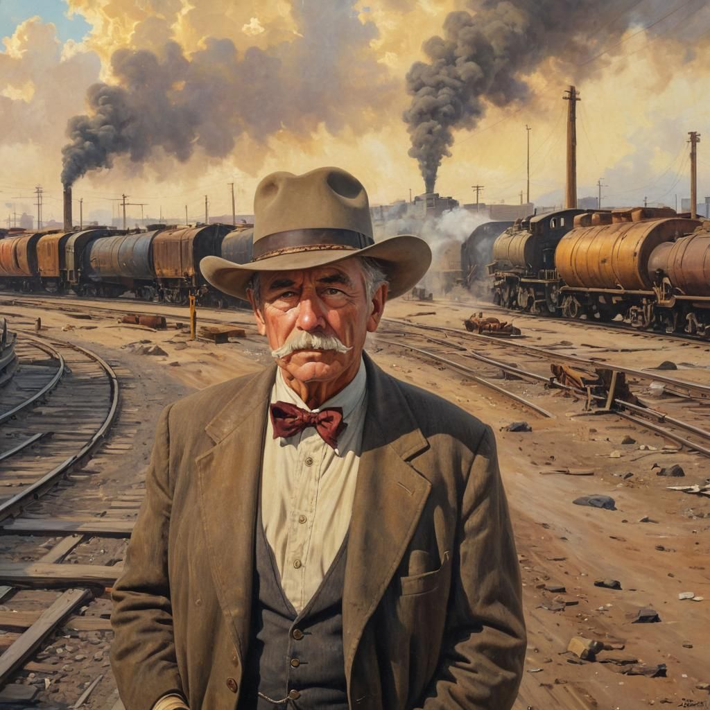 Gunslinger in Train Yard: American Western Oil Painting